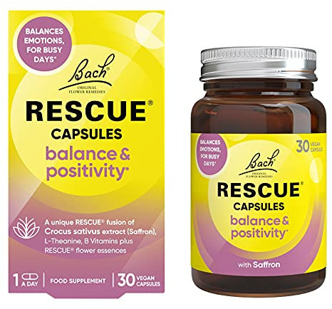 Rescue Balance & Positivity Capsules | Daily Mood Support | Bach Original Flower Essences | Saffron | Vitamin B5 & B12 | 30 Vegan​ Capsules