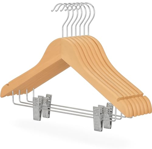 USTECH Kleiderbügel in Holzoptik, Bioplastik, umweltfreundlich, splitterfrei, verchromte Hosenstange, mit verstellbaren gepolsterten rutschfesten Clips, gekerbte Schultern, 50107 - 10 Stück