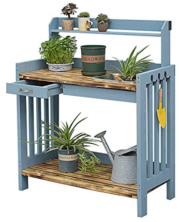 YYUN Tavolo in Legno da Giardinaggio, Country All'aperto Supporto per Piante con 3 Ganci Laterali e Cassetto Scorrevole, Lavabo Rimovibile, Legno di Pino Massiccio, Blu