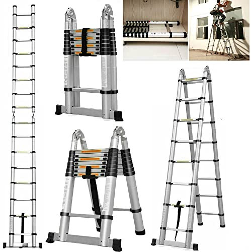Folding Step Ladder 8+8 Steps, 8.2FT+8.2FT Foldable Telescopic Ladder with Stabilizer, Stainless Steel Telescopic Extension Ladder, Multi-purpose Attic Ladder, 330LB Capacity