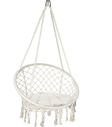 VOUNOT Swing Chair with Round Seat Cushion, Macrame Hammock Hanging Chair for Indoor, Outdoor, Beige