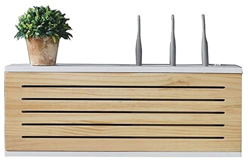 Solid Wood Network Set-Top Box, Wall Mounted Wooden Wireless Wifi Router Storage Box Power Strip and Cable Management Hider Rack Socket Shielding Wire Finishing Wire Box Floating Shelf 65CM