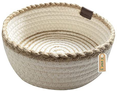Yiuswoy Aufbewahrungskorb Kleiner Geflochtener Baumwollseilkorb Jute Stoffschale Schüssel Runde Offene Schale für Schminke, Schlüssel, Schmuck, Accessoires, Beige, 20 x 8 cm, L