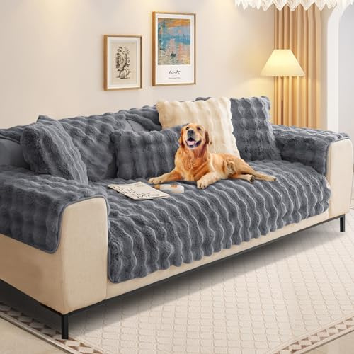 SHANNA Kaninchen Plüsch Sofabezug L Form 1/2/3/4 Sitzer Sofa Überzug Ecksofa U Form, Neue Universelle rutschfeste Sofaschoner, Superweiche SofaÜberwurf aus Kunstpelz für Wohnzimmer(Grau, 70 * 90 cm)
