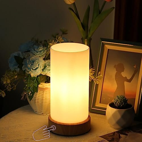 HSLighting Bedside Lamps, Touch Control Glass Table Lamp 3-Way Dimmable Wooden Grained Base Small Touch Lamps Bedside Minimalist Nightstand for Christmas Living Room Bedroom Decor Gift, Include Bulb