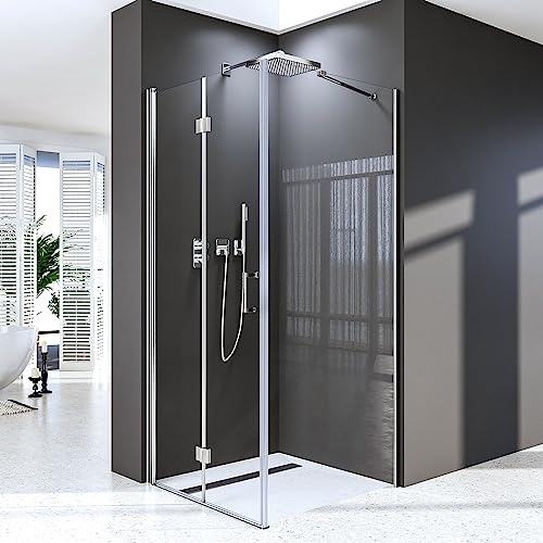 Duschkabine 80 x 80 cm,Drehfalttür Duschkabine 180° Eckeinstieg Duschabtrennung Duschtür mit Seitenwand,Aus 6mm ESG Sicherheitsglas,Höhe 195cm,Ohne Duschwanne