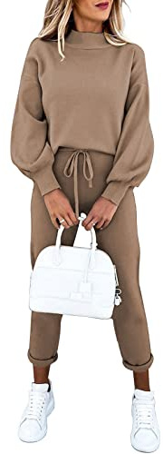 Sovoyontee Damen Langarm Trainingsanzug Pyjamas Hoher Hals Pullover Sweatshirt Lounge 2-Teiliges Outfits Set Kaffee XL