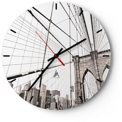 Modern Wanduhr Brücke Die Architektur New York 30x30cm Rund Klein Wand Uhr Glas Analog Zimmeruhren Küche Büro Wohnzimmer Glasuhr Wall Clock Dekoration Design Wanddekoration Küchenuhr C3AR30x30-5199