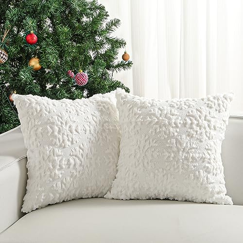 Lewondr Weihnachten Kissenbezug, 3D Schneeflocken, Weiß, 45x45cm, 2 Stück | Superweiches Kunstfell, Samt auf Rückseite, für Wohnzimmer Bett Couch Dekor