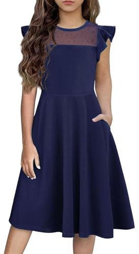 Arshiner Girls Dress Summer Ruffle Sleeve Mesh A Line Casual Party Dresses with Pockets 6-13 Years