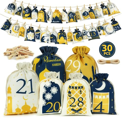 Calendrier du Ramadan 2026,30 calendriers du Ramadan pour remplissage en tissu,2 tailles de sacs de calendrier de l'Avent Ramazan pour enfants, décoration du Ramadan, calendrier vide de l'Aïd Moubarak