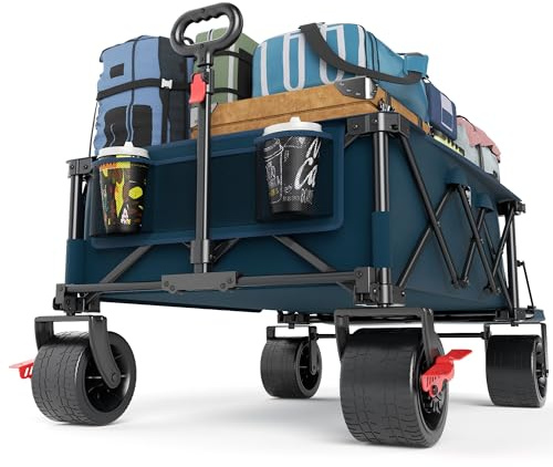 TIMBER RIDGE 600L Beast Wagon 26 W Extra Wide All Terrain Folding w/Big Wheels, Cargo Net & Tailgate, 26 W and 55.25 L, 500lbs Heavy Duty Collapsible Portable Cart for Camping, Sports, Dogs, Blue