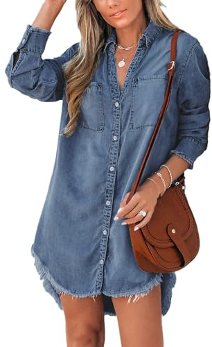 CUPSHE Camicia da donna in denim, mini tunica casual, oversize, a maniche lunghe, orlo sfilacciato, camicetta con tasche, Blu scuro, M
