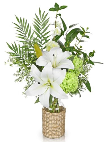 Hollyone Lys artificiels blancs avec vase en verre - Faux Décoration tigré avec plante verte - Fleurs artificielles polyvalentes