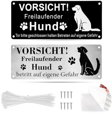 Vorsicht Hund Schild Warnschild für Freilaufenden Hund 25x9cm Selbstklebend Aluminium mit Löchern Schrauben Kabelbinder