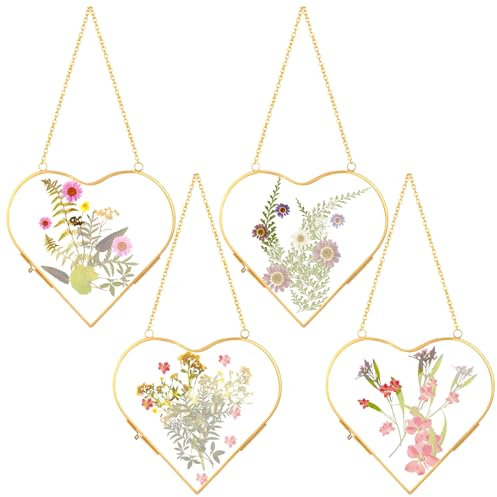 Cinnvoice 4 Pcs Heart Glass Pressed Flower Frame, Heart Hanging Floating Frames Double Pressed Dried Flower Plants Vintage Glass Gallery Wall Decor for Mother's Day Gift