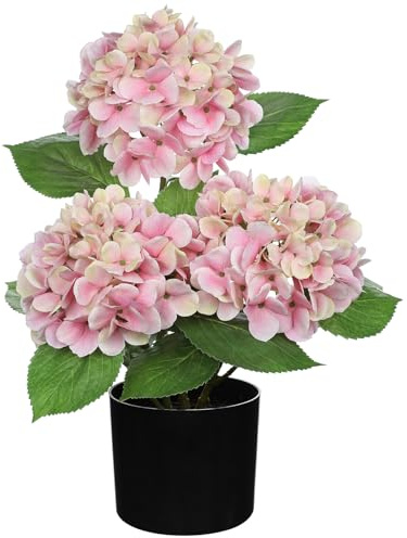 Hollyone Künstliche Hortensie im Topf, Rose Hortensien Kunstblumen Deko Blume mit Topf Seidenblume für Haus Bad Büro Tisch Dekoration