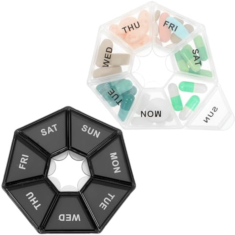 YUXIANLB Wöchentlicher Pillen-Organizer 2 Stück Tragbare 7-Tage-Reise-Pillenbox-Spender Medizin-Pillen-Organizer Kleine Pillenbox-Halter Medizinplaner-Spenderboxen Vitaminhalter (Schwarz & Klar)