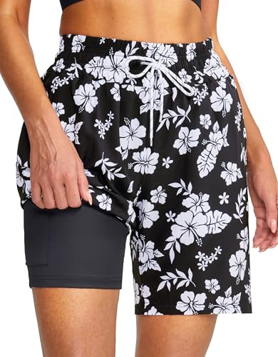 YGDSX Women's 3''/5''/7'' Swim Board Shorts Quick Dry Beach Shorts with Liner Pockets Swimsuits Bottoms Trunks for Women Black Floral