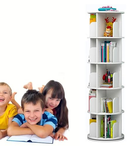 LIUJHGH Eck-Drehbares Bücherregal für Kleine Räume, 360° Stand-Bücherregal mit Stauraum, Schmales Regal für Schlafzimmer oder Wohnzimmer(Weiß,5)