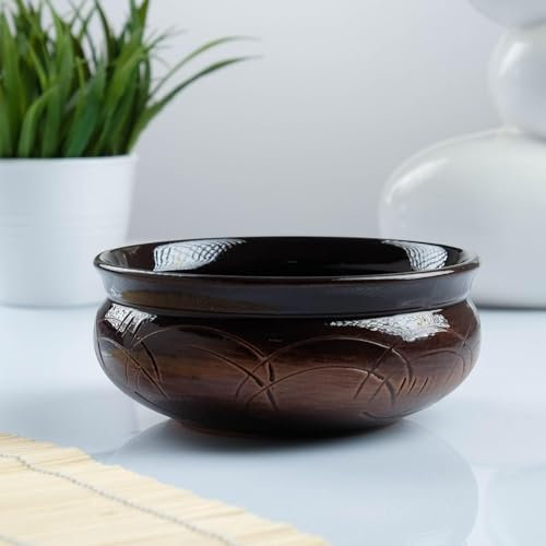 Plato hondo de cerámica mediano redondo marrón negro Skif hecho a mano, apto para microondas y lavavajillas, ideal para platos fríos y calientes, comedor, ensalada, sopa, patrón decorativo