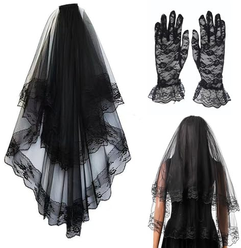 YqsIbth Black Mesh Veil with Lace Gloves, Hair Net for Evening Party, Holiday Decorations, Funerals, Weddings