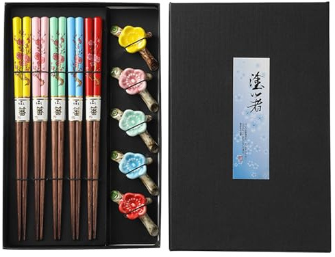 5 Paires Baguettes Japonaises Réutilisables en Bois Lapin Motif Fleur de Prunier - Boîte Cadeau