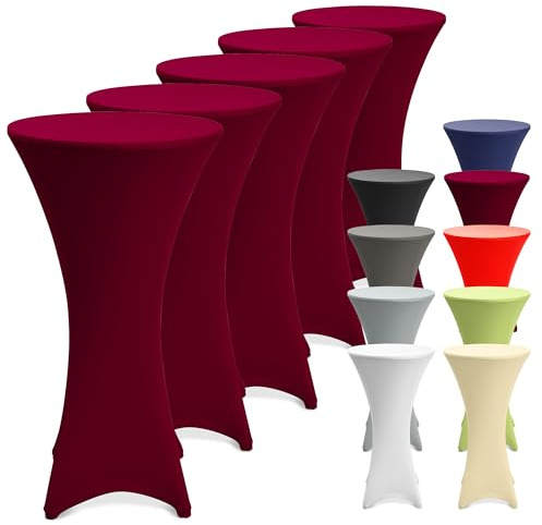 Beautissu 5er Set Stretch Stehtisch Hussen waschbar bügelfrei rutschfest | 80cm Bordeaux für Stehtische Stehtischhussen mit Verstärkung im Fußbereich Tischhusse Tischdecke Bistrotisch Husse Stella