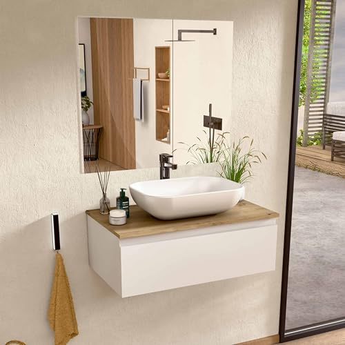 BELLOBATH Hänge-Badmöbel 60 cm Weiß/Eiche Waschbecken + Spiegel