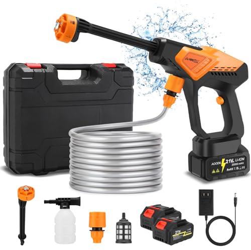 AOODIL Cordless Pressure Washer Battery Powered, 1200 PSI Portable Brushless Power Washer with 6-in-1 Nozzle, 5m Hose, 2 Rechargeable 3.0Ah Batteries, Handheld Pressure Washer for Car,Garden,Home,Yard