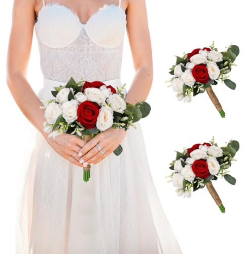 JOYWU White Wedding Bouquets,2 Pcs 27 x 24cm Bridesmaid Bride Rose Flowers Toss Bouquets with Jute Handle,Leaves and Berries,Red Blue Romantic Wedding Flowers,Wedding Party Church Decoration (red)