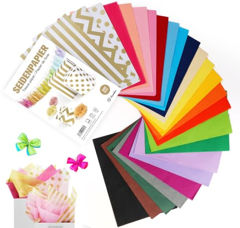 Mocraft Tracing Paper Colourful - 500 Sheets of A4 Tissue Paper, 22 Colours + 3 Print Patterns (Waves, Dots & Stripes)