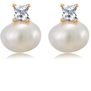 JaruJaru Ohrringe für Damen | Zierliche Ohrstecker mit weißen/Champagnerton mit Korallenstich Barock Perlen und Zirkonia | 925 Sterlingsilber, hypoallergen | Aus echten Süßwasserperlen