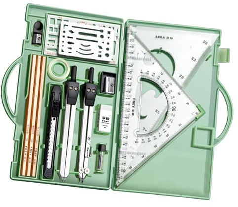 Jingmiger Set, set geometria,16x kit geometria matematica - Strumenti di disegno con scatola di immagazzinaggio, scrittura di forniture per ingegneri architetti degli artisti