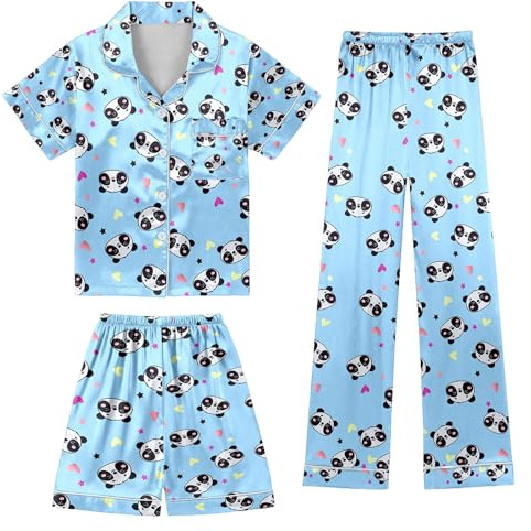 SoLu DAY8 Ensemble Soie Enfant Fille 3 Pieces 3-13 Ans Cute Satin Chemise Boutonnée à Manches Courtes + Shorts+ Pantalons Ado Fille Confortable Léger (10-11 ans, Bleu-a)
