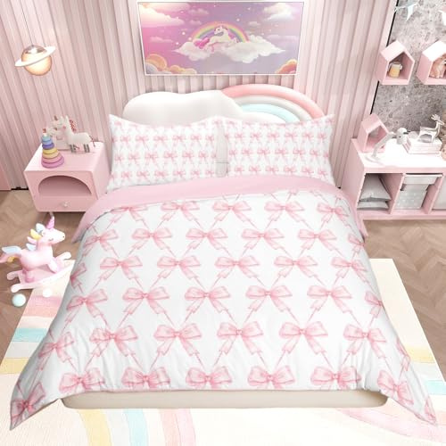 richhome Juego de funda de edredón con lazo para niños y niñas, tamaño individual, color rosa, para niños, mujeres y hombres, juego de ropa de cama con lazo y cremallera
