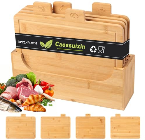 Caossuixin 4-Piece Bamboo Chopping Board Set with Stand,Tag Classification | Wooden Chopping Boards for Meat, Vegetables, & Bread, Food Grade Boards for Cutting & Chopping, Kitchen Gift Set