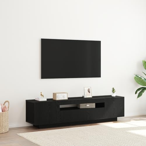 QJBSAVVA Meuble TV bas - 160 cm - Chêne noir mat avec éclairage LED - Meuble TV pour salon