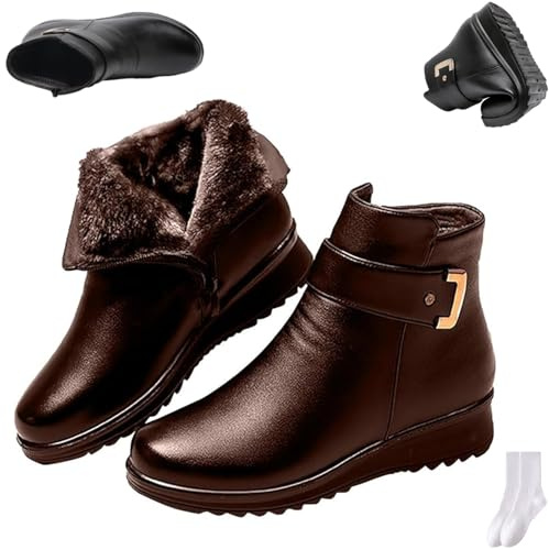 GAGFDA Stivali ortopedici da donna in vera pelle, con fibbia in metallo, eleganti, antiscivolo, foderati in pelliccia, caldi, impermeabili, con zeppa bassa e cerniera laterale, Marrone, 0 UK