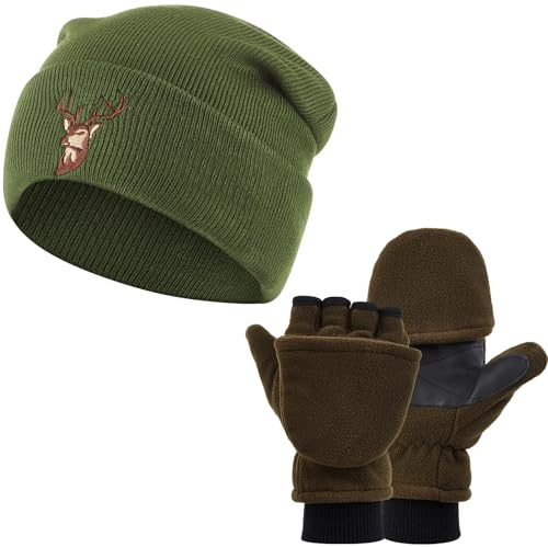 Jadive Geschenke für Jäger Jagdmütze mit Jagdhandschuhe Strickmütze Winterhandschuhe Beanie Hut Holzfäller Mütze Angelhandschuhe Unisex Jagdbekleidung Jagd Zubehör für Herren und Damen(Stickerei)