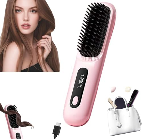 GoBrush Pro Brosse Lissante Sans Fil-3 niveaux de Température, Chauffage Rapide, Affichage LED, Rechargeable par USB-C, Peigne Chauffant Portable et Facile à Transporter (Rose)