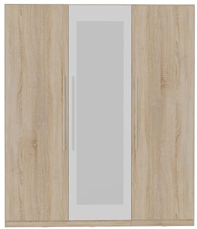Forte Helen Kleiderschrank 180, klassischer Drehtürenschrank, 3-türig, Spiegel, Schlafzimmer, Holzwerkstoff, Sonoma Eiche Holzdekor mit Weiß, 180,6 cm breit x 212,9 cm hoch x 59 cm tief