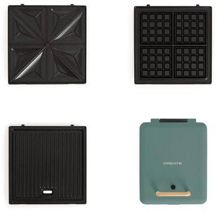 CREATE/STONE STUDIO/Sandwichtoaster und Vierfach-Waffeleisen Salbeigrün / 3 austauschbare Platten, Antihaftbeschigtung, 180°-Öffnung, 4 Scheiben, automatische Abschaltung, 1600W