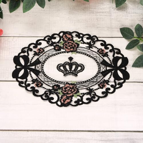 QUARKZMAN Spitzendeckchen oval 23x30 cm Schwarz 2 Stück | Vintage Tischdeckchen bestickt gehäkelt, Spitzenuntersetzer für Tassen Vasen Heimdekoration