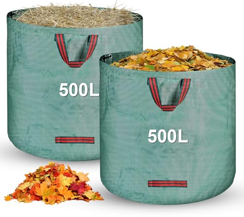 2 x 500L Jardineria de Sacos,Bolsa Basura Jardin,Bolsas de basura de jardíncon asa, Plegable, Reutilizable, Bolsas de Jardinería para Recoger Plantas, Residuos y Hojas