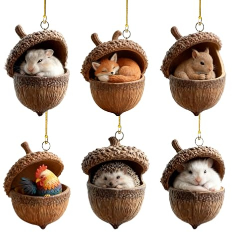 6 Stück Waldtiere Eichels Ornaments, Tier Weihnachtsbaum Anhänger, Acryl 2D Tier Weihnachtsbaum Hängedekorationen, Weihnachtsbaumschmuck Deko für Wohnzimmer, Schlafzimmer