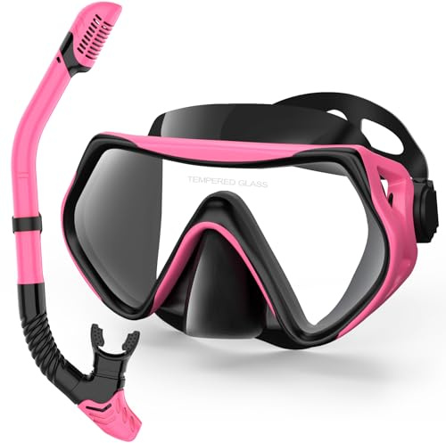 Schnorchelset Erwachsene, Schnorcheln Set mit Anti-Fog Taucherbrille und Dry Schnorchel, Professionelle Schnorchelmaske Tauchmaske aus Gehärtetem Glas für Schnorcheln (Pink)