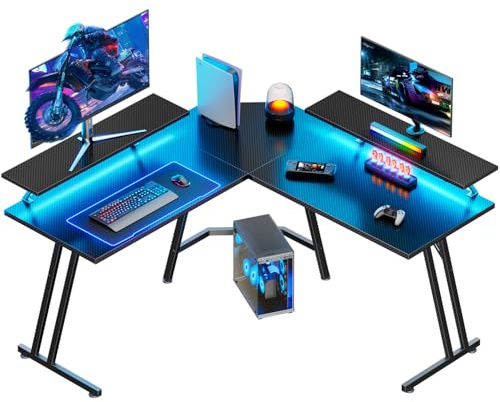 HLONONE Gaming Tisch mit LED, Gaming Schreibtisch L Form mit Monitorständer, Eckschreibtisch, Computertisch für Büro Arbeitszimmer Schlafzimmer, Gamer Tisch 130 x 130 cm, Schwarz