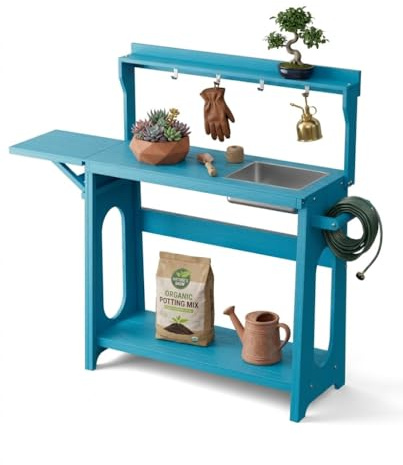 Pflanztisch Outdoor wetterfest, HIPS Gärtnertisch mit Waschbecken & Ablagefächer & Haken, Gartenregal Outdoor Regal Blumentisch aus Wetterfest Holz für Garten Balkon Terrasse