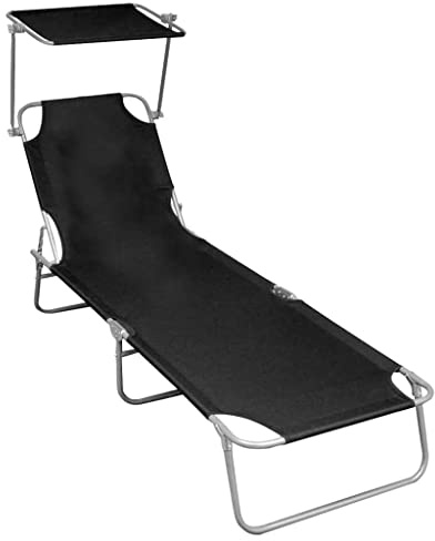 Zeehear Klappliege mit Sonnendach Schwarz, Aluminium Gartenliege klappbar faltbar verstellbar mit Armlehne für Terrasse Balkon Pool Outdoor Camping Relaxen platzsparend ergonomisch